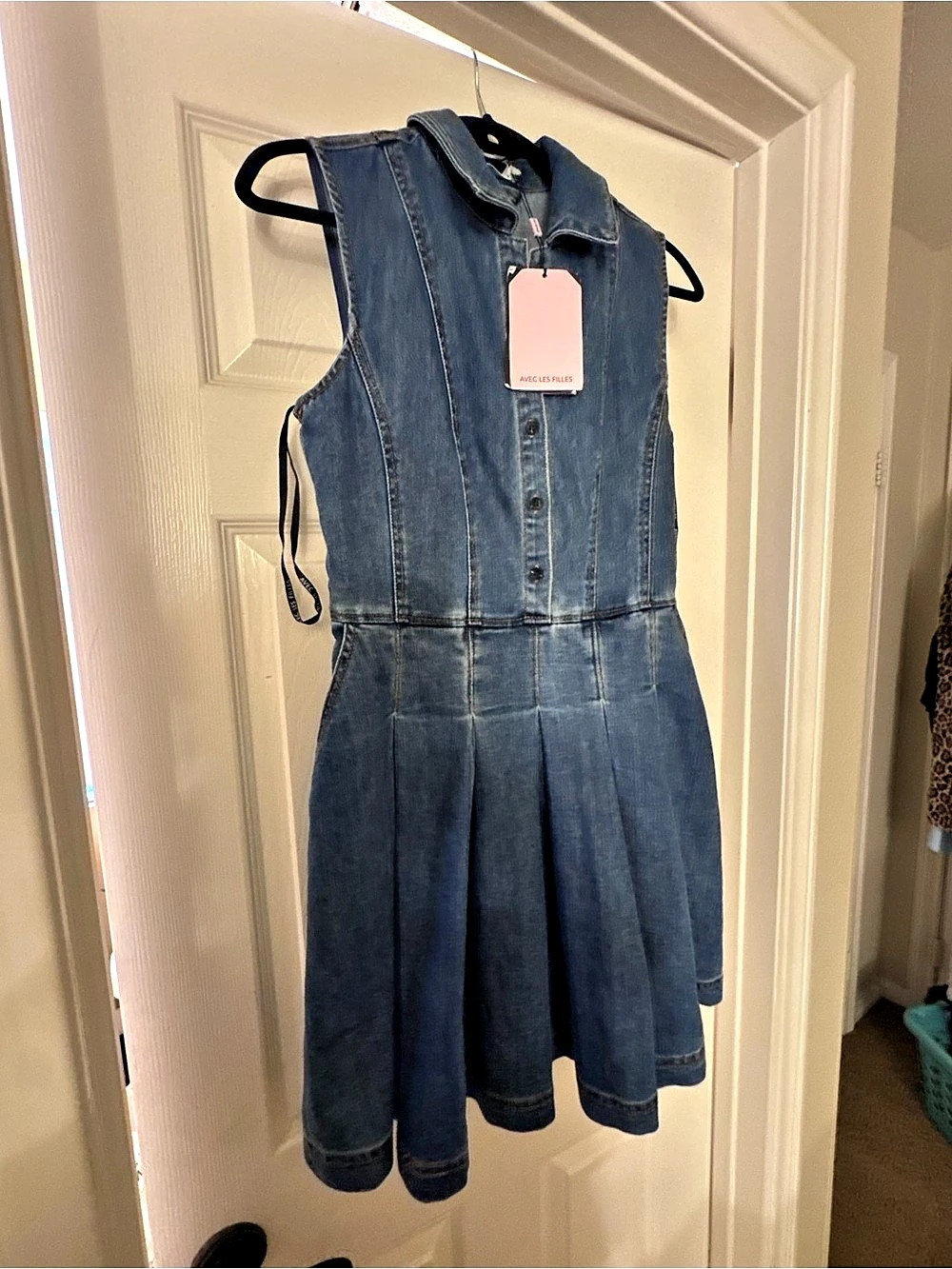 Avec Les Filles Button Front Sleeveless Denim Fit & Flare Dress Mini Dress